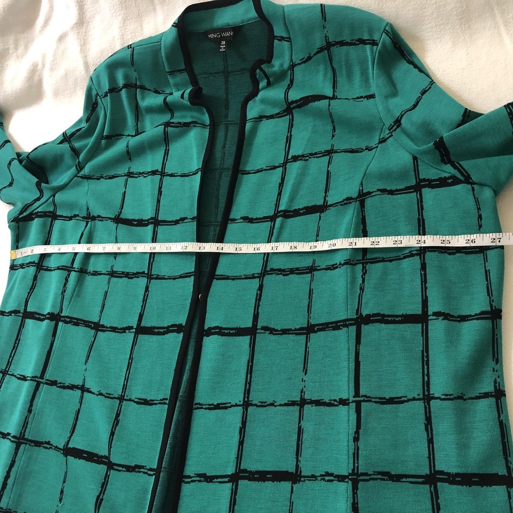 Ming Wang Cardigan Sweater Womens 2X Green Black Grid Check Knit Open Front - Picture 9 of 12